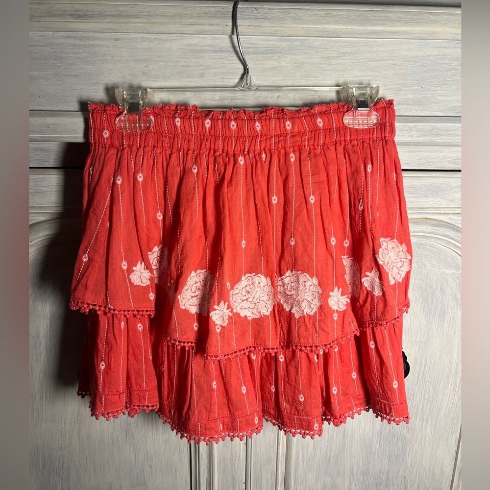 Saylor Coral Embroidered Floral Pleated Flounce Mini Skirt Boho Cottage Core